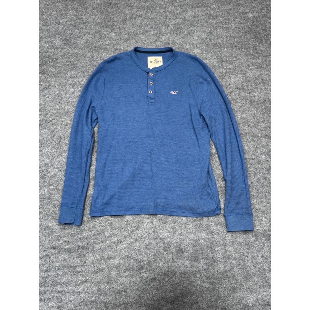 Hollister Shirt Mens L Blue Waffle Knit Long Sleeve Henley Seagull Logo